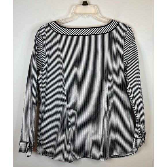 TALBOTS Piped Poplin Tunic Women Large B/W Striped LS Boat Neck Top Nautical - Picture 4 of 12